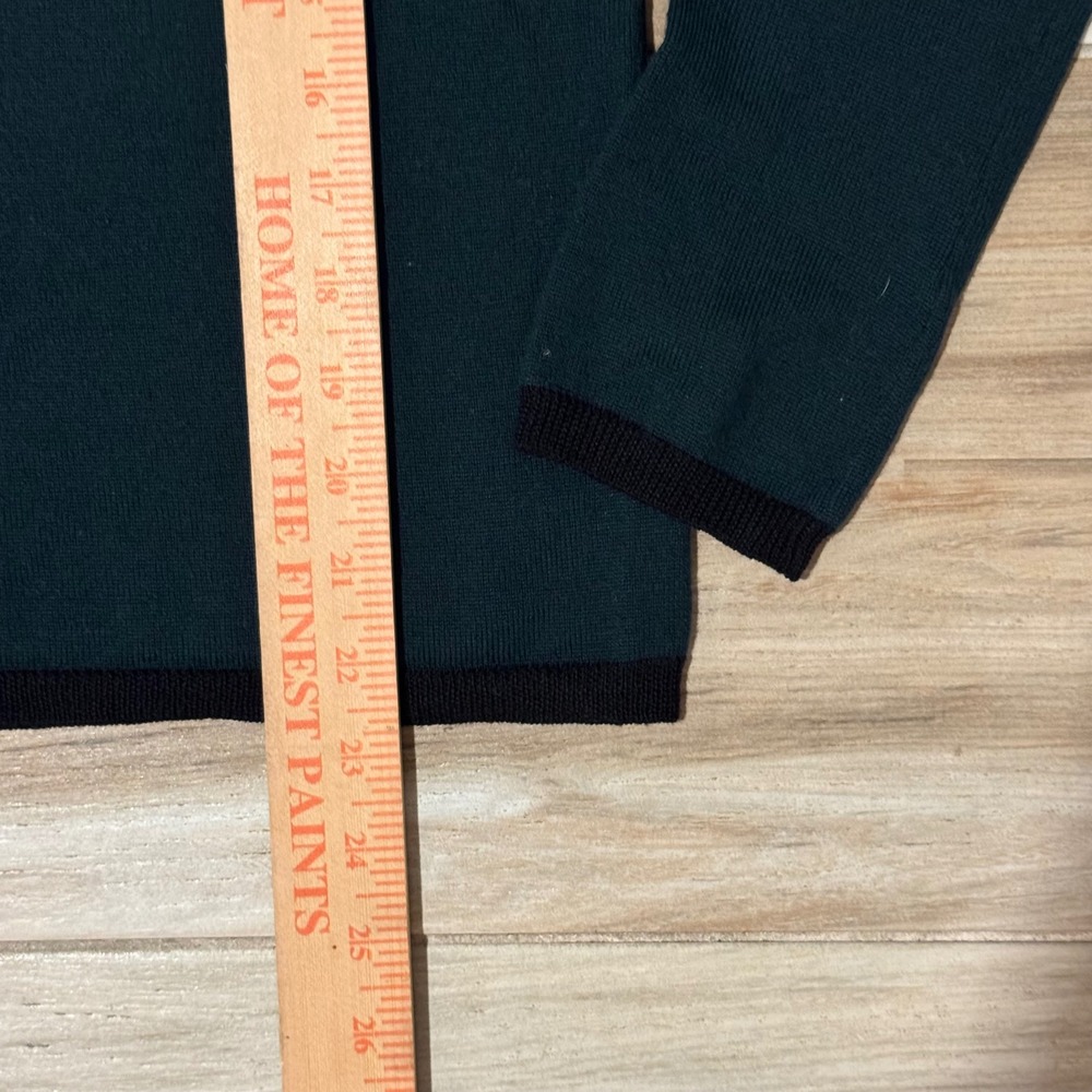 Theory Womens Forest Green 100% Wool Crew Neck Sweater Black Trim Size L - Picture 5 of 6